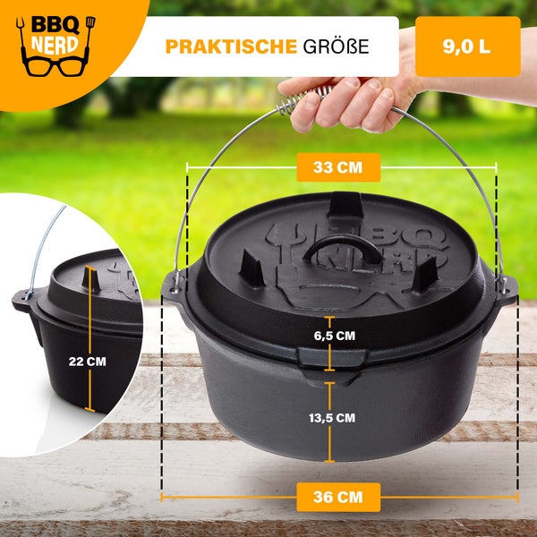 Schwarzer Dutch Oven mit Deckel und Tragegriff wird von einer Person gehalten.