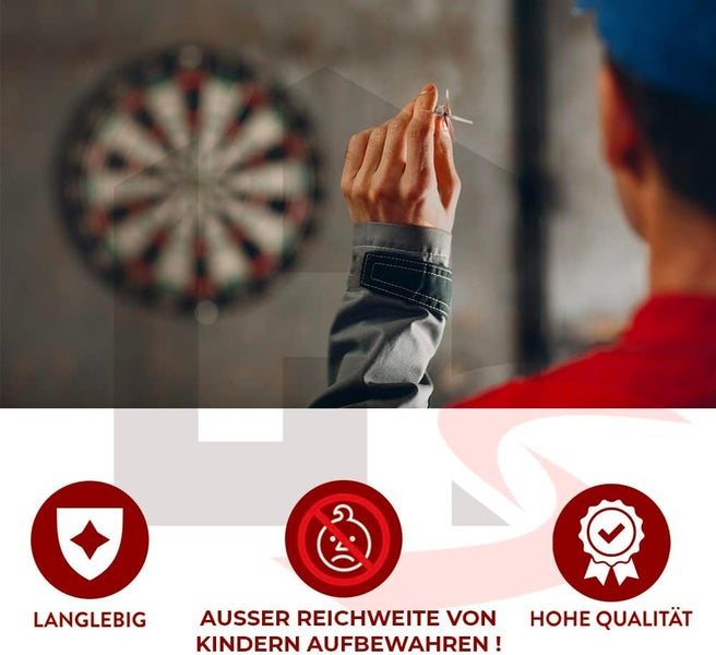 Hand zielt mit Dartpfeil auf Dartscheibe. Symbole für Langlebigkeit, hohe Qualität und Warnung außer Reichweite von Kindern aufbewahren.