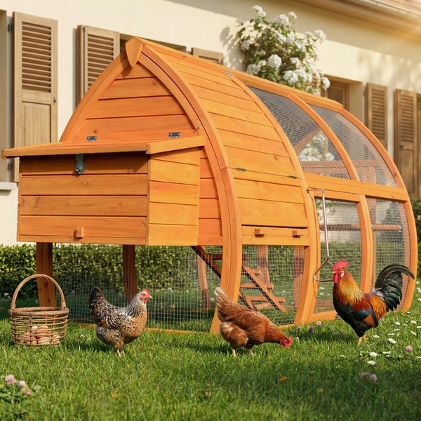 Großer, gewölbter Hühnerstall aus Holz mit integriertem Auslauf, Legenest und Maschendraht, im Garten mit Hühnern und Hahn.