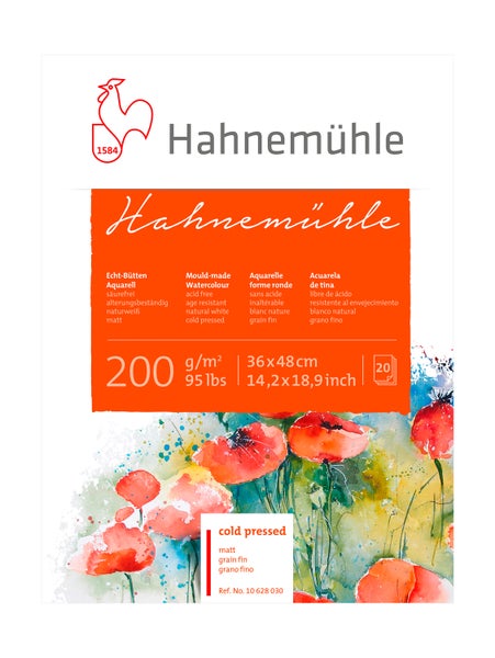 Hahnemühle Echt-Bütten Aquarellpapier Block, 200 Gramm pro Quadratmeter, 36 mal 48 Zentimeter, 20 Blatt, naturweiß, matt, säurefrei.