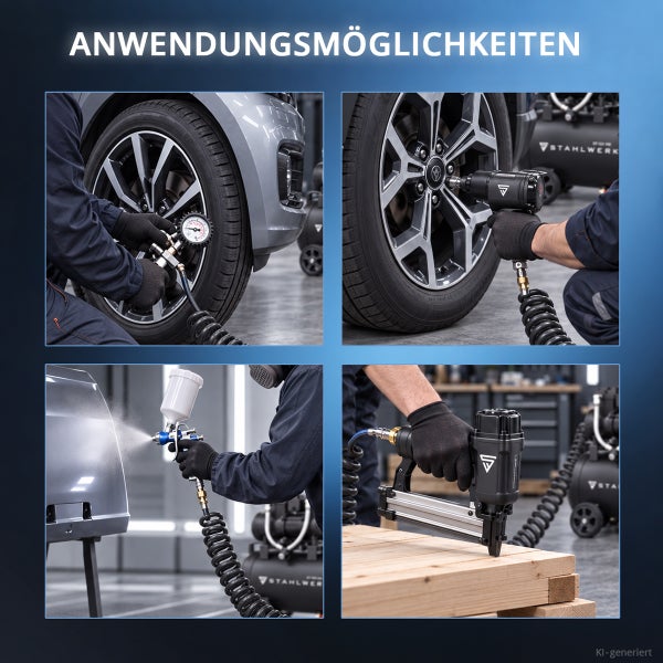 Vier Anwendungsbeispiele fuer Druckluftwerkzeuge in einer Werkstatt: Reifen pruefen, Radmuttern loesen, lackieren und Holz mit Nagler bearbeiten.