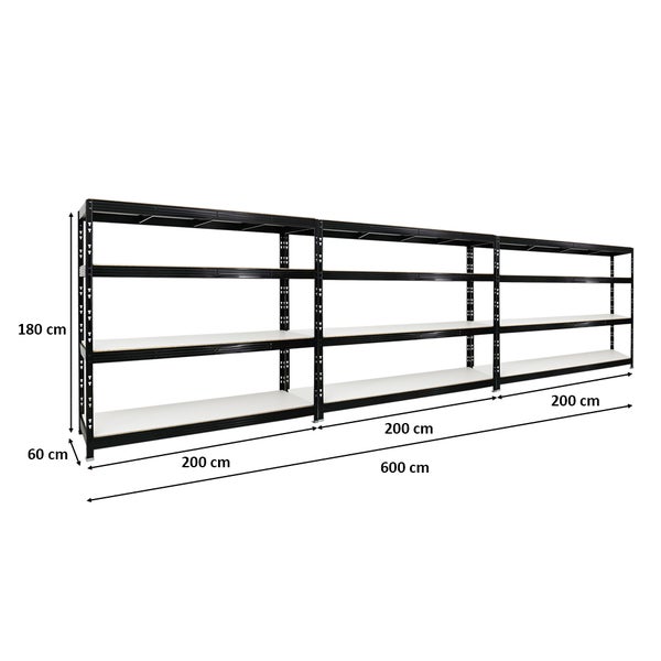 PROREGAL Mega Deal 3x Profi Schwerlastregal Rhino HxBxT 180 x 200 x 60 cm 4 Melamin-Ebenen 16mm Fachlast 500 kg Schwarz