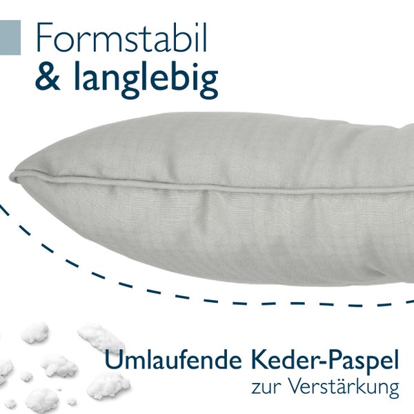Detailansicht eines formstabilen und langlebigen Kissens mit umlaufender Keder-Paspel zur Verstärkung der Kanten.
