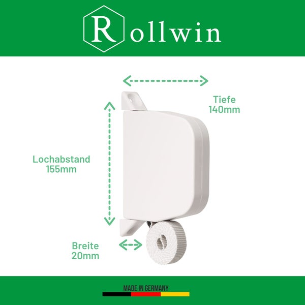 Rollwin Rolladen Gurtwickler Aufputz - aus Deutschland - 155mm Lochabstand Weiß Mini Rollladen Aufwickler mit 5m Gurt 14mm Grau genoppt Mini Wickler aufklappbar inklusive Rolladengurt