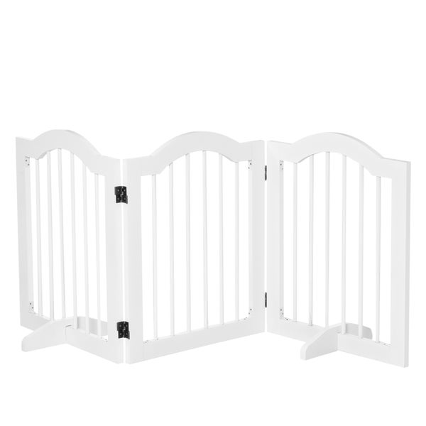 PawHut Absperrgitter Hund 3-teilig, 154,5 x 61 cm Faltbar Hundegitter mit Tür, Türschutzgitter mit 2 Stützfüßen, Freistehend Treppengitter für Küche, Flur, Weiß