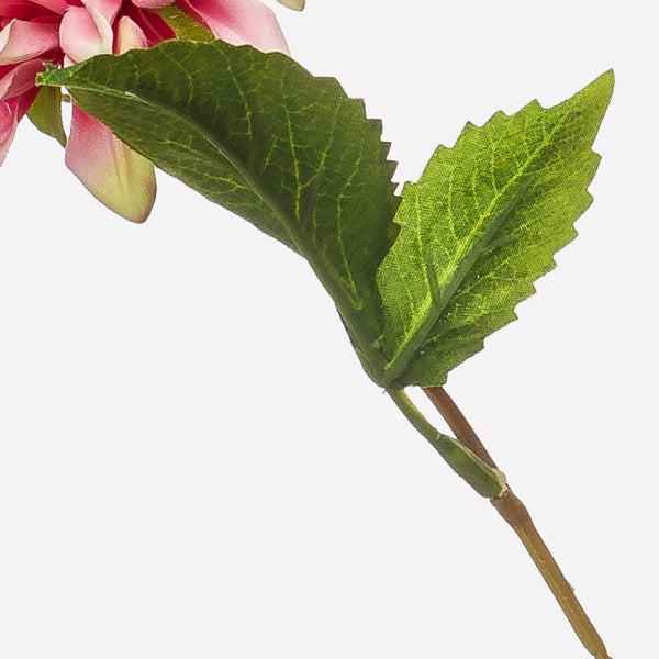 Künstliche Dahlie mit zwei rosafarbenen Blüten und einer Knospe an einem grünen Stiel für die Innendekoration.