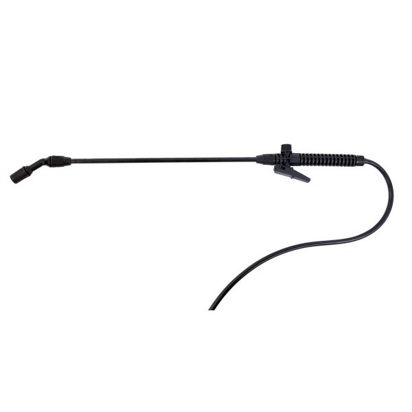 Schwarze Drucksprüher-Lanze aus Kunststoff mit Handgriff, langer Lanze, verstellbarer Düse und Schlauch.