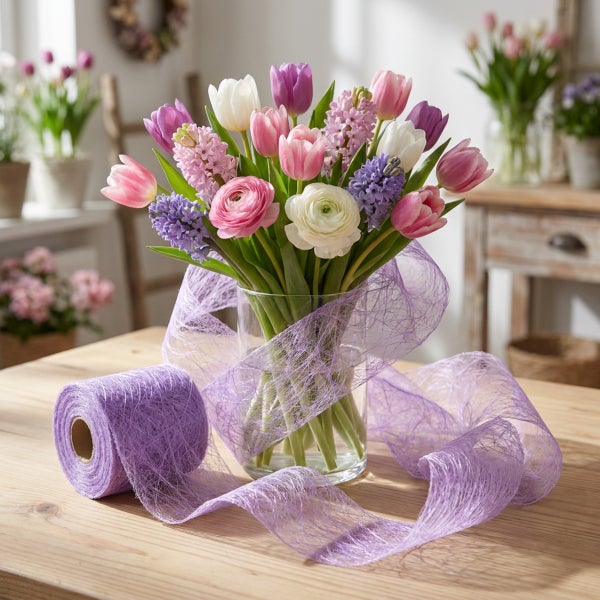 Frühlingsblumenstrauß mit Tulpen und Hyazinthen in einer Glasvase, ergänzt durch ein schmückendes violettes Dekoband auf einem Holztisch.