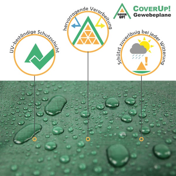 CoverUp! (2x3m) Abdeckplane Wasserdicht - Farbe: Grün, 120g/m², Gewebeplane mit ösen, Verstärkte Gummiecken - Plane Wasserdicht UV-Schutz für Gartenmöbel, Bauplane, zeltplane inkl 12m Seil, 2x3