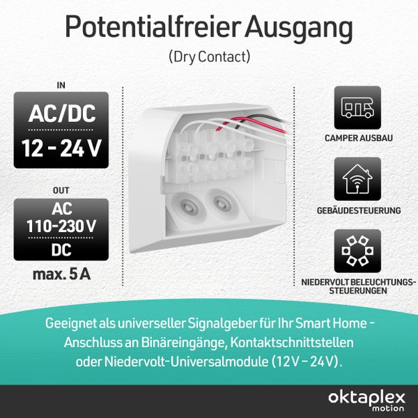 Oktaplex Motion Schaltaktor mit potenzialfreiem Ausgang für Smart Home Systeme und Niedervolt Steuerungen inklusive technischer Spezifikationen.