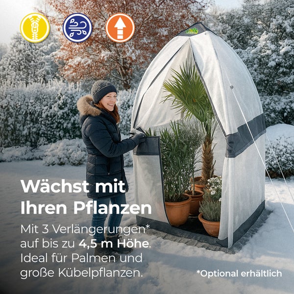 Pflanzenhaus mit Pflanzen und einer Frau im Winter