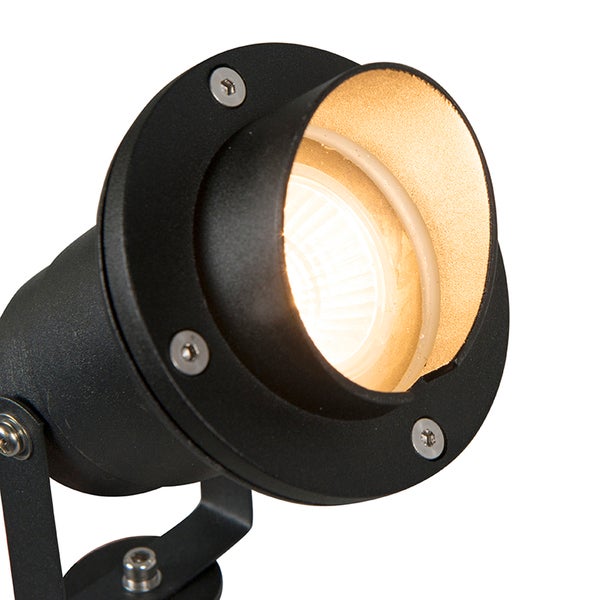 Schwarzer LED-Gartenstrahler aus Metall mit verstellbarem Kopf und warmweißem Licht.