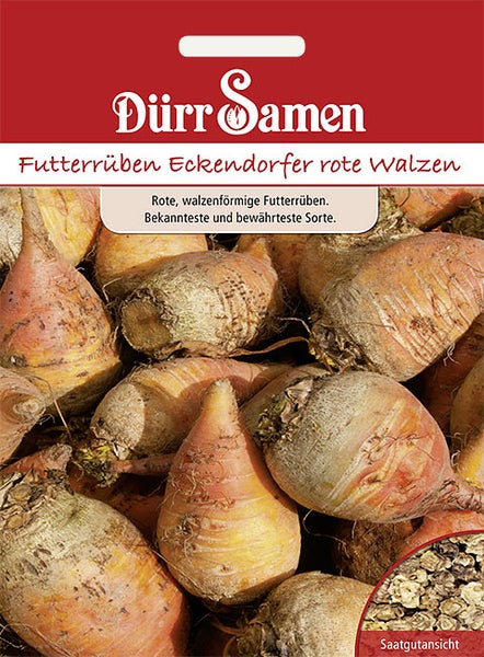 Dürr Samen Logo, Saatgut für Futterrüben Eckendorfer rote Walzen, Abbildung der Rüben und Detailansicht der Samen.
