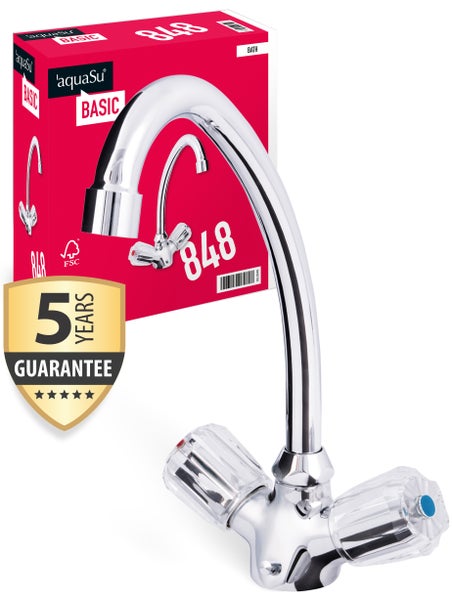 aquaSu® Zweigriffarmatur Standard Plus für Waschtisch oder Spüle, Wasserhahn Bad oder Küche, Waschtischarmatur, Armatur für Badezimmer, Zweigriffmischer Waschbecken, Waschbeckenarmatur Gäste-WC, 062848