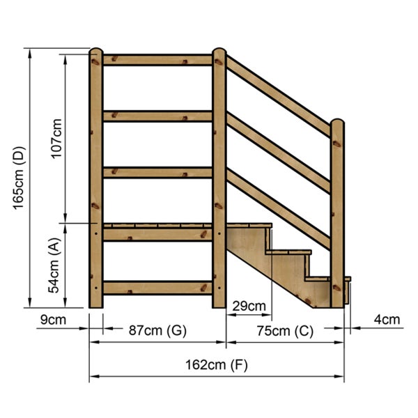 Technische Zeichnung einer Holztreppe mit den Maßen 165 cm Höhe, 162 cm Länge und 75 cm Tiefe