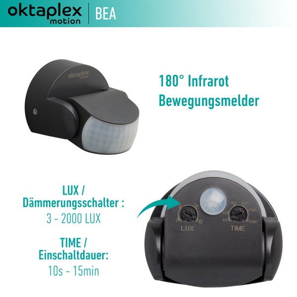 Oktaplex Bewegungsmelder Aussen IP65 anthrazit 180° schwenkbar 12m Reichweite