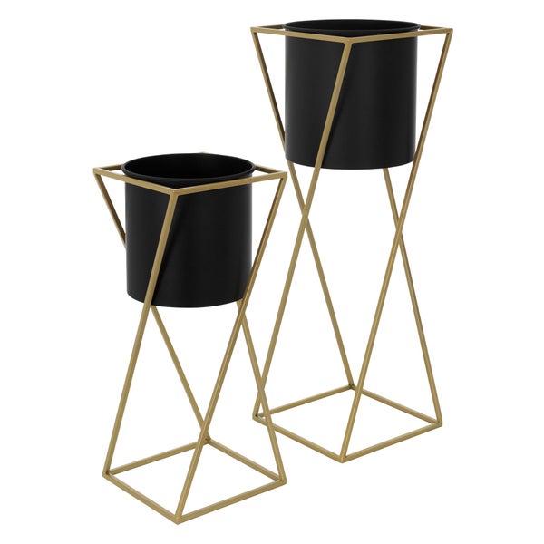 ML-Design Blumenständer 2er Set, Schwarz-Gold, 21x21x51/24x24x70,5 cm, Stahl, Blumentopfständer mit Übertopf, Metall Pflanzenständer, Blumentopfhalter 2-tlg, Pflanztopf Deko Blumensäule Blumenhocker