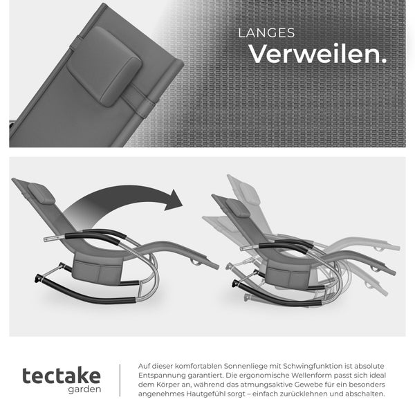 Ergonomische Gartenliege mit Schaukelfunktion, Kopfkissen, Seitentasche und atmungsaktivem Gewebe. tectake garden Logo.