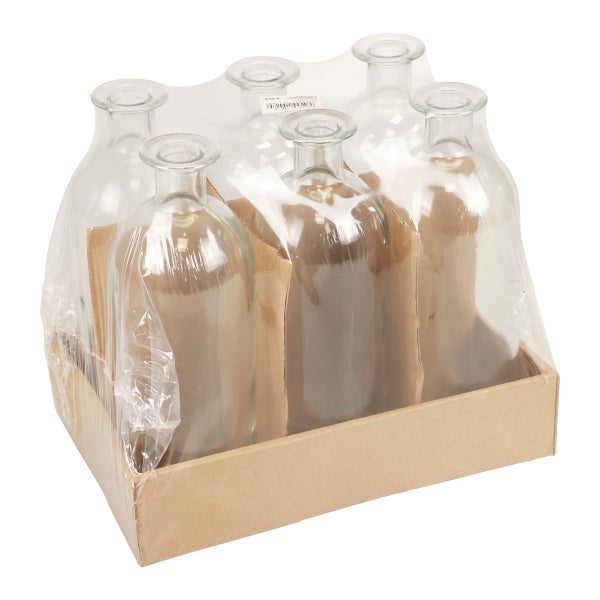 Sechs klare Glasflaschen im Set, verpackt in einer Pappschale und Kunststofffolie.