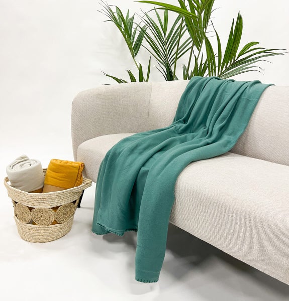 Dekoratives Wohnzimmer mit Sofa, Pflanze und Korb mit Decken