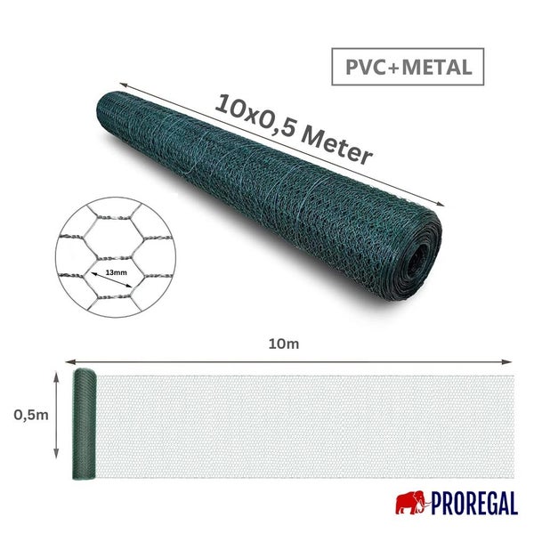 PROREGAL Maschendrahtzaun Sechseckgeflecht Keepy Höhe 0,5 Meter Länge 10 Meter Maschenweite 13 mm Drahtstärke 0,7 mm PVC-Beschichtet Grün
