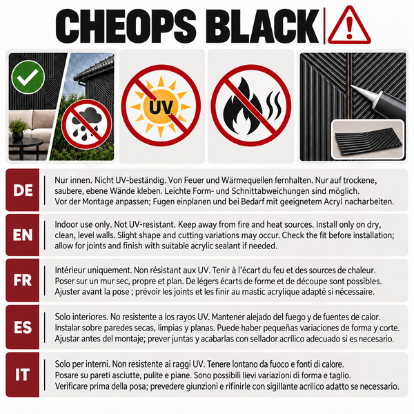 Produktinformationen zur Wandverkleidung Cheops Black inklusive Montagehinweisen und Symbolen zur Nutzung in Innenraeumen und Sicherheitshinweisen.