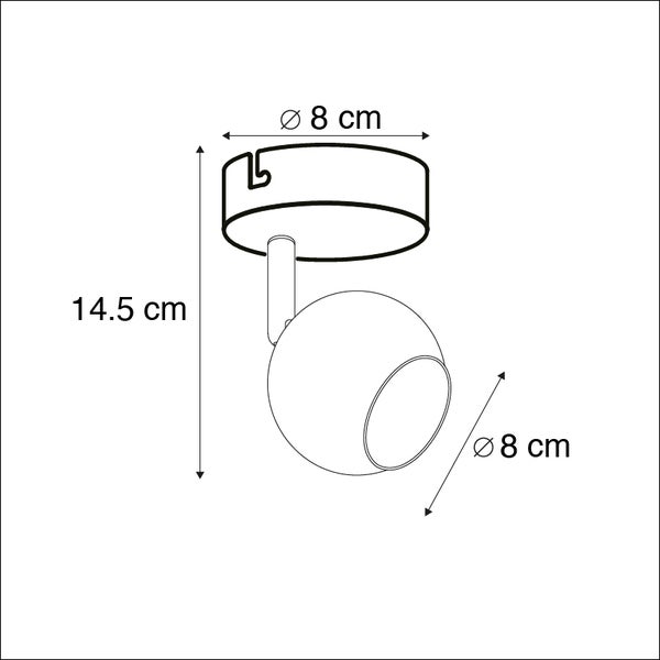Technische Zeichnung eines Strahlers mit den Maßen 14,5 cm Höhe und 8 cm Durchmesser