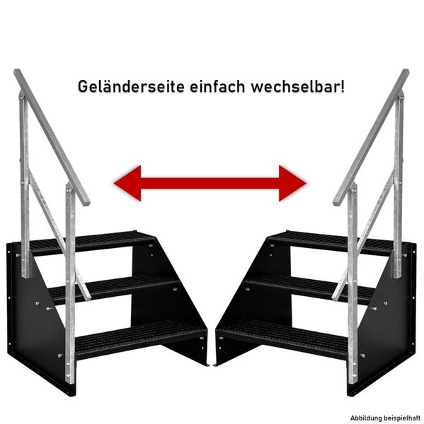 Dreistufige Außentreppe aus Stahl mit Gitterroststufen und wechselseitig montierbarem Geländer.