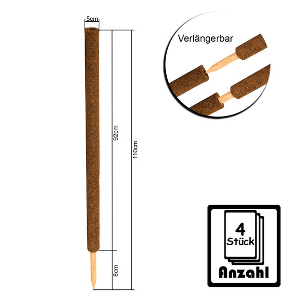 BigDean 4er Set Pflanzstäbe Kokos 110 cm - Monstera Rankhilfe Rankstäbe Stab Moosstäbe Pflanzenstäbe Kokosstäbe für Pflanzen - aus natürlicher Kokosfaser - verlängerbar