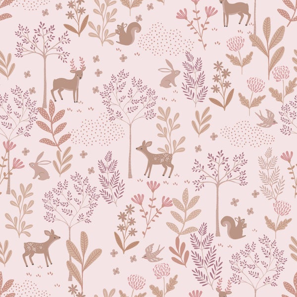 Illustration eines Waldes mit Hirschen, Eichhörnchen, Hasen, Vögeln, Bäumen und Blumen