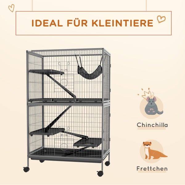 PawHut Kleintierkäfig, Frettchenkäfig Nagerkäfig mit ausziehbarem Tablett Käfig mit Hängematte, Rampen, Rollen für Eichhörnchen, Zwerghamster, Chinchilla Grau