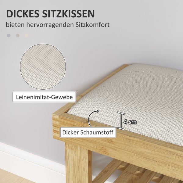 HOMCOM Schuhbank mit Sitzfläche, Bambus Sitzbank mit Stauraum, Schuhregal mit 2 offene Fächer, Sitzbank, Bank, Garderobenbank für Wohnzimmer, Flur, 60 x 29 x 49 cm Cremeweiß