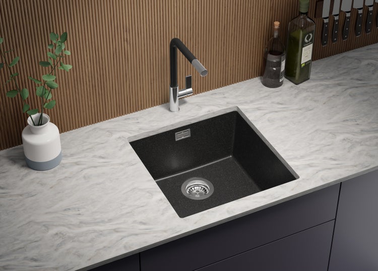PRIMAGRAN Unterbauspüle Granit Anthrazit 46x47cm, Spülbecken 1 Becken + Küchenarmatur 32x20cm + Ablauf-Set, Granitspüle ab 50er Unterschrank - London