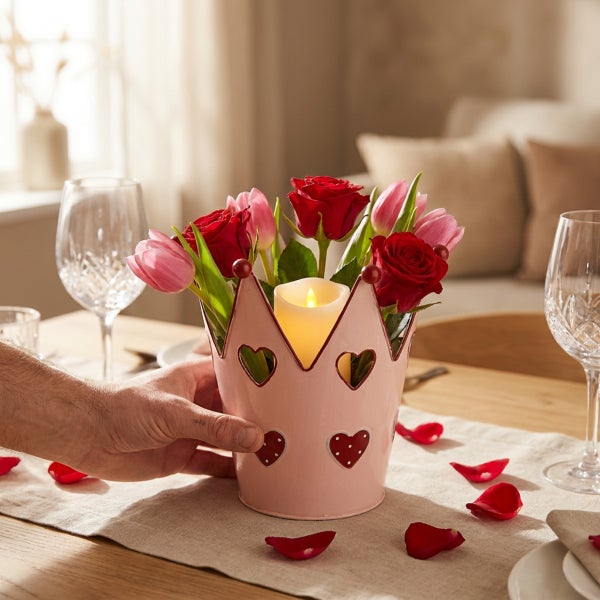 Dekorativer Metallübertopf in Kronenform mit Herzmotiven, bestückt mit Rosen, Tulpen und einer Kerze als Tischdekoration auf einem Esstisch.