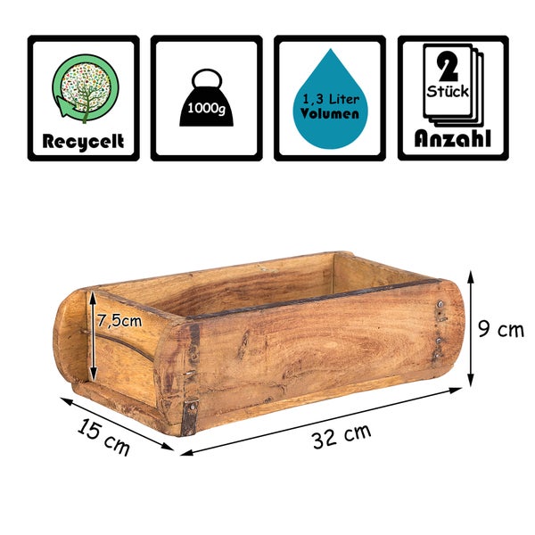 Holzkiste mit den Maßen 32 x 15 x 9 cm, Recycelt Symbol, 1000g Symbol, 1,3 Liter Volumen Symbol, Anzahl 2 Stück Symbol und 7,5 cm Symbol