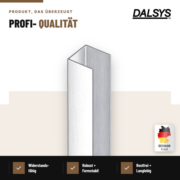 U-Profil aus Metall für den Innenausbau mit Dalsys Logo und Informationen zu Robustheit und Korrosionsbeständigkeit.