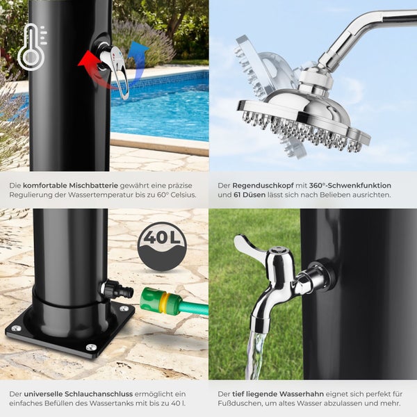Solardusche Details: Mischbatterie, schwenkbarer Regenduschkopf, Schlauchanschluss für 40 Liter Wassertank und tiefer Wasserhahn für Fußduschen.