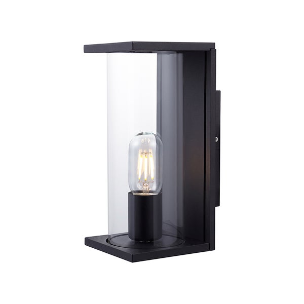 Moderne Außenwandleuchte in Schwarz mit einem Glaszylinder und sichtbarem Leuchtmittel.