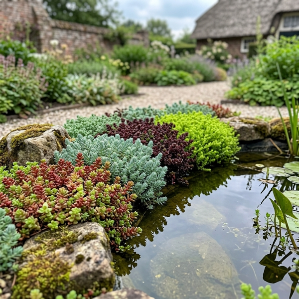 Bepflanzter Teichrand mit verschiedenen Sedum-Arten und Fetthennen an Natursteinen in einer Gartenanlage mit Kiesweg.