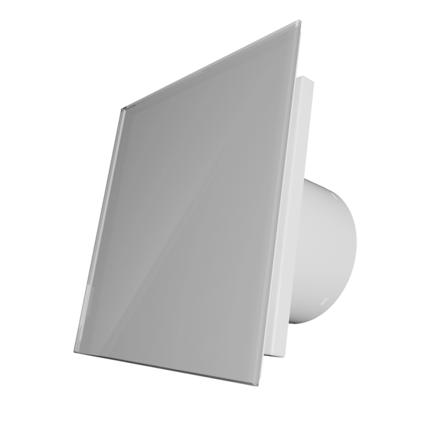 Quadratischer Kleinraumventilator mit einer Frontabdeckung aus Glas für die Wandmontage.