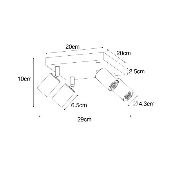 Technische Zeichnung einer Deckenleuchte mit vier Strahlern und Maßangaben
