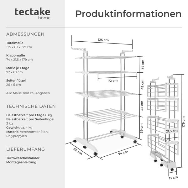 Produktdatenblatt für tectake Turmwäscheständer mit Abmessungen, technischen Daten und Zeichnungen mit Maßangaben in Zentimeter.