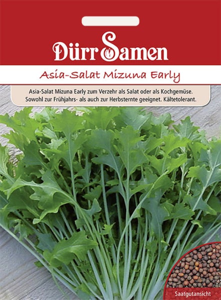 Samentüte für Asia-Salat Mizuna Early von Dürr Samen mit Abbildung der Blätter und der Samen.