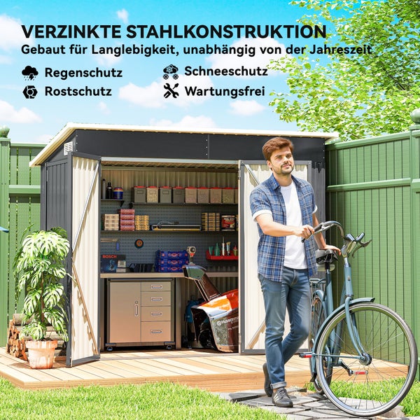 Organisiertes Gerätehaus aus verzinktem Stahl mit Regen-, Schnee- und Rostschutz sowie wartungsfreier Bauweise. Ein Mann steht mit Fahrrad davor.