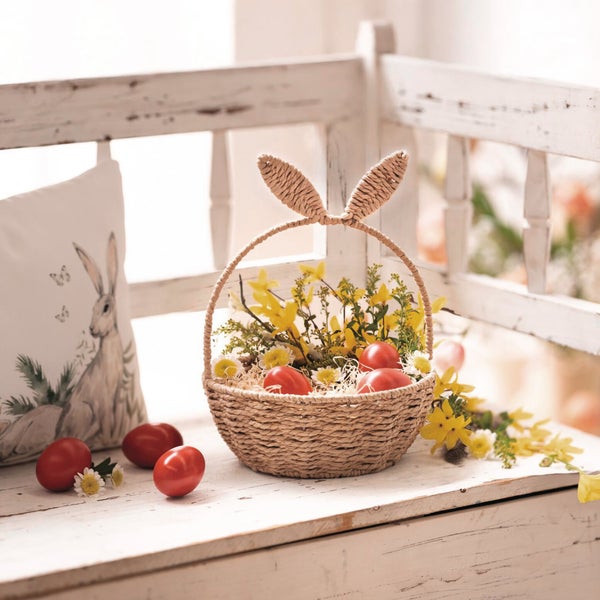 FRANK FLECHTWAREN|Bügelkörbchen Hasenohren, Ø 22 x 8 cm, GH 28 cm, PAPIERSCHNUR, METALL