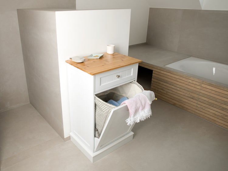 WONDERMAKE - Wäscheschrank hoch oder Mülleimer-Schrank aus Holz / Bambus, Wäschesammler Hochschrank für Badezimmer oder Küche ausklappbar mit Schublade, weiß