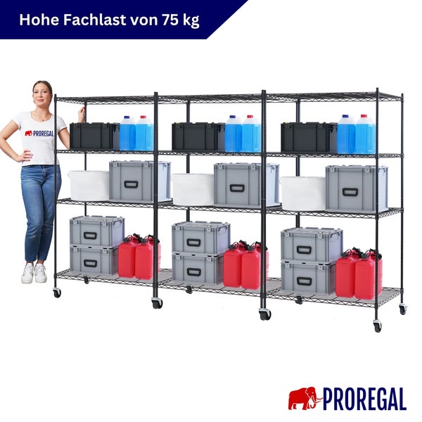 Schwarzes Drahtregal auf Rollen mit vier Ebenen, beladen mit Boxen und Kanistern, Fachlast 75 Kilogramm, PROREGAL Logo.