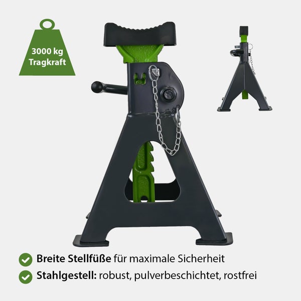 Unterstellbock aus pulverbeschichtetem Stahl mit 3000 Kilogramm Tragkraft und breiten Stellfüßen für einen sicheren Stand.