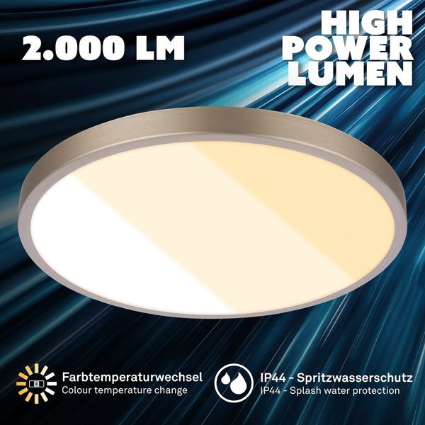 Runde LED Deckenleuchte mit 2000 Lumen, einstellbarer Farbtemperatur und Schutzart IP44 für Spritzwasserschutz.