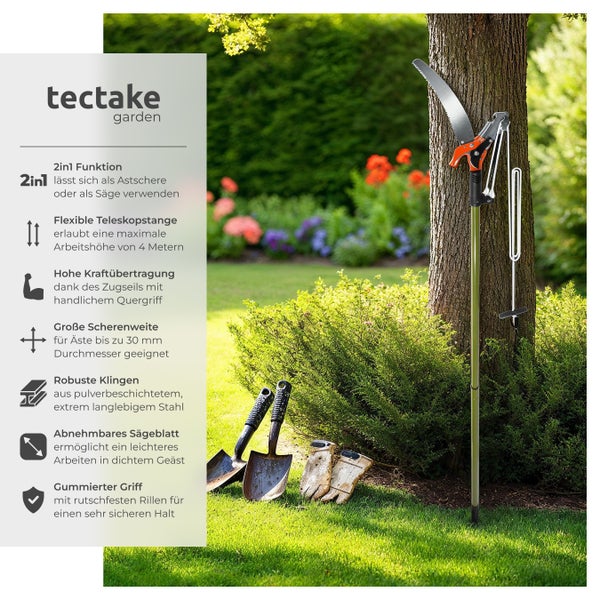 Tectake Gartengerät mit Astschere und Sägefunktion, Teleskopstange, Seilzug, Spaten und Gartenhandschuhe